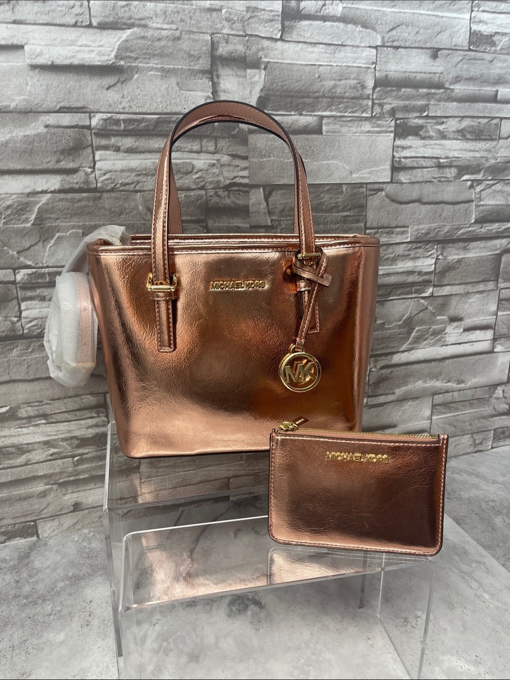 Michael Kors Metallic Rose Gold Tote with Matching Zip Pouch